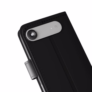 Puro viedtālruņa apvalks ar statīvu iPhone 17 Air izgatavots no eko-ādas, ar atloku, maku un statīva funkciju - melns