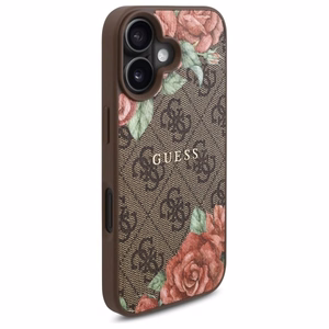Guess GUHMP16SP4ROPEMCW iPhone 16 6.1" brūns/brūns cietais apvalks 4G Ziedu Druka Magnētiskais