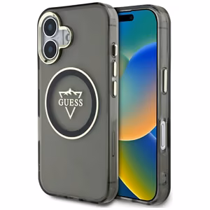 Guess IML Metal Mountain Logo Magnētiskais viedtālruņa apvalks iPhone 16 - melns
