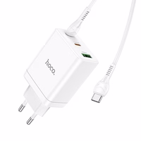 Lādētājs Hoco 2 x USB C + USB A QC3.0 PD 3A 35W N33 + Kabelis USB C uz USB C N33 balts