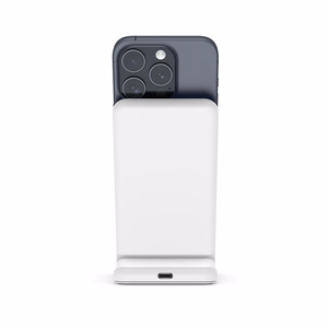 Crong MagSpot Stand 2 vienā bezvadu lādētājs iPhone un AirPods ierīcēm, saderīgs ar MagSafe, balts