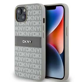 DKNY ādas mono svītra un metāla logotips viedtālruņa apvalks iPhone 15/14/13 - bēšs