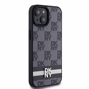 DKNY Ādas rūtainais mono raksts un drukātās svītras viedtālruņa apvalks iPhone 15 Plus / 14 Plus - melns
