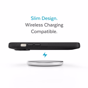 Speck Presidio2 Grip vāciņš ierīcei iPhone 15 Plus / 14 Plus, ar neslīdošu satvērienu, “Black / Black / White” krāsu kombinācija