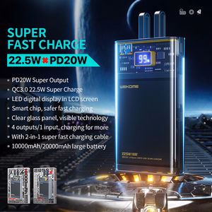 WEKOME WP-323 Vanguard Series ārējais akumulators, 10000 mAh, PD 20 W + QC 22,5 W, ar iebūvētiem USB-C un Lightning kabeļiem, melns un caurspīdīgs