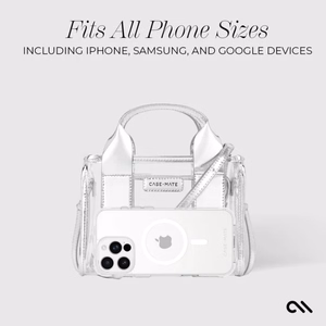 Case-Mate Micro Tote Bag water-resistant shoulder bag, Silver Chrome / Clear