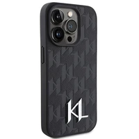 Karl Lagerfeld ādas monogramma karsts zīmogs metāla logotips viedtālruņa apvalks iPhone 15 Pro - melns