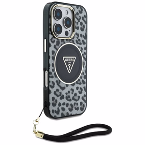 Guess HC IML leoparda trīsstūra auklas siksna MagSafe apvalks iPhone 16 Pro - melns