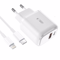 Tech-Protect C20W USB-C PD 20W / USB-A QC 3.0 lādētājs ar USB-C / Lightning kabeli - balts