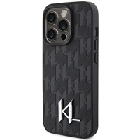 Karl Lagerfeld ādas monogramma karsts zīmogs metāla logotips viedtālruņa apvalks iPhone 15 Pro - melns
