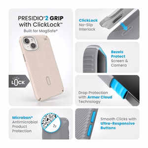 Speck Presidio2 Grip MagSafe vāciņš ar ClickLock ierīcei iPhone 15 Plus / 14 Plus, “Bleached Bone / Heirloom Gold” krāsā