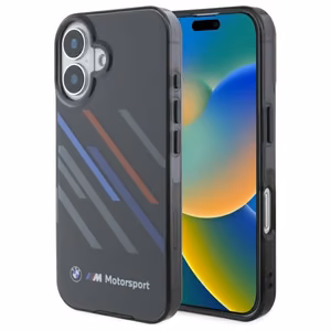 BMW Motosport IML nejaušas svītras iPhone 16 Plus apvalks - melns