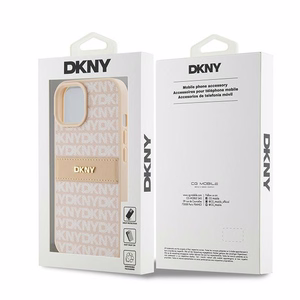 DKNY Ādas mono svītra un metāla logotips viedtālruņa apvalks iPhone 15 Plus / 14 Plus - rozā