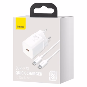 Baseus Si USB-C 25W 3A ātrās uzlādes lādētājs ar USB-C / USB-C 1m kabeli - balts