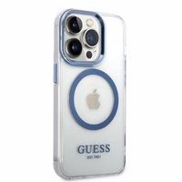 Guess GUHMP14XHTRMB iPhone 14 Pro Max 6.7" zils cietais viedtālruņa apvalks ar metāla kontūru, magnētiskais (MagSafe)