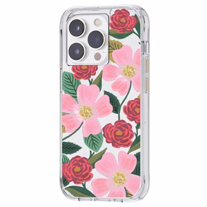 Rifle Paper Clear vāciņš ierīcei iPhone 14 Pro, ar zelta krāsas rotājumu, ar “Rose Garden” rakstu