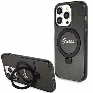 Guess viedtālruņa apvalks ar statīvu Ring Stand Script Glitter magnētiskais iPhone 15 Pro Max - melns