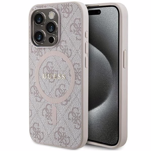 Guess 4G kolekcija ādas metāla logotips Magnētiskais apvalks iPhone 14 Pro Max - rozā