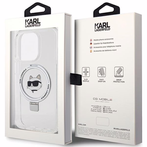 Karl Lagerfeld KLHMP15LHMRSCHH iPhone 15 Pro 6.1" balts/balts cietais apvalks ar gredzena statīvu Choupette Galva Magnētiskais