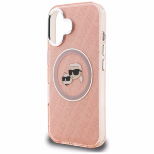 Karl Lagerfeld IML Glitter Karl & Choupette Heads Logo MagSafe maciņš iPhone 16 - rozā