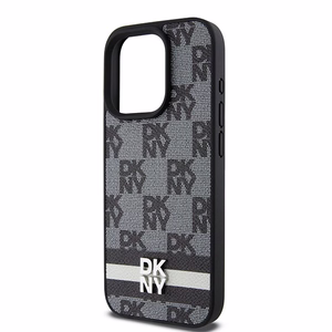 DKNY Ādas rūtainais mono raksts un drukātās svītras viedtālruņa apvalks iPhone 15 Pro - melns