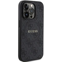 Guess 4G kolekcija ādas metāla logotips Magnētiskais apvalks iPhone 14 Pro Max - melns