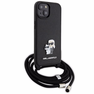 Karl Lagerfeld krustveida Saffiano metāla piespraude Karl & Choupette viedtālruņa apvalks iPhone 15 Plus - melns