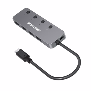 Pelēks alumīnija 4 × USB-A 3.0 centrmezgls Wozinsky WHS080YSS ar atsevišķiem slēdžiem un 15 cm USB-C kabeli