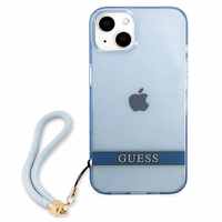 Guess GUHCP13MHTSGSB iPhone 13 6.1 viedtālruņa apvalks, zils, ciets, daļēji caurspīdīgs ar siksniņu