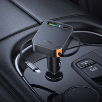 Automobiļa lādētājs Hoco ar ievilkamu kabeli 2 x USB C + USB A QC PD 65W NZ18 melns