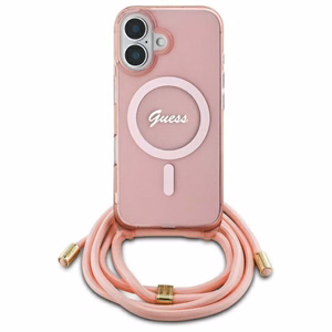 Guess Crossbody Cord Script MagSafe Viedtālruņa apvalks Apple iPhone 16 - rozā