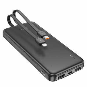 Portatīvais lādētājs Hoco 10000 mAh 2A ar iebūvētiem kabeļiem USB C + Lightning J118 melna