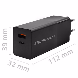 Qoltec 52382 GaN POWER PRO lādētājs | 1xUSB type C | 1xUSB A | 100W | 5-20V | 1.5-5A | PD | melns