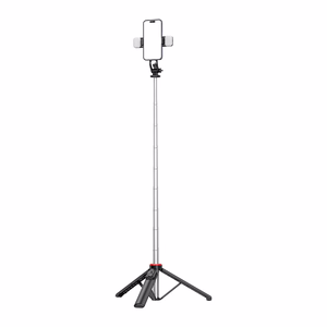 Selfiju nūja WC13YDS teleskopisks statīvs 1.3m ar dubultu lampu un telefona turētāju - melna
