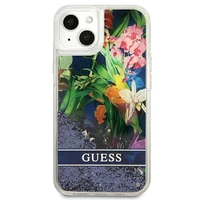 Guess GUHCP13SLFLSB iPhone 13 mini 5.4" zils cietais apvalks ziedu šķidrs spīdums