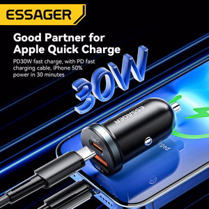 Automašīnas lādētājs Essager Rui Mini melns 30W (1xPD / 1xQC3.0)