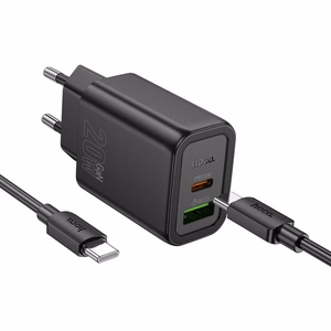 Viedtālruņa lādētājs Hoco USB A + USB C QC3.0 PD 3A 20W + kabelis USB C uz USB C N61 melns