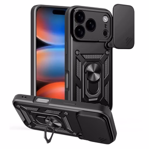Hibrīda bruņu Camshield viedtālruņa apvalks iPhone 17 Pro ar statīvu un kameras vāciņu - melns