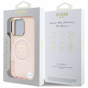 Guess IML Metal Mountain Logo Magnētiskais iPhone 16 Pro Max viedtālruņa apvalks - rozā