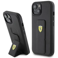 Ferrari Grip Stand Metal Logo apvalks iPhone 15 – melns