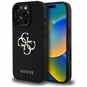 Guess graudainais lielais 4G logotips mazais klasiskā logotipa apvalks iPhone 16 Pro Max - melns