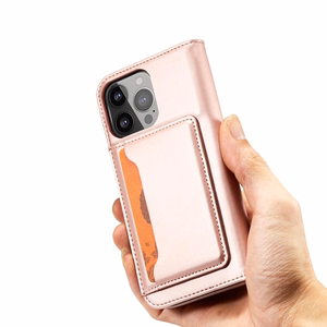 Magnētiskā kartes viedtālruņa apvalks iPhone 14 Pro atverams apvalks maks ar statīvu rozā