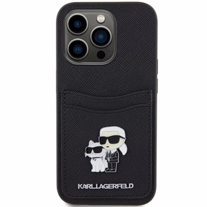 Karl Lagerfeld Saffiano karšu slotiņa Karl&Choupette metāla piespraude apvalks iPhone 15 Pro - melns