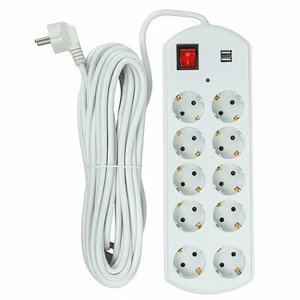 Extension cord 10m, 10 sockets, 2x USB, ar switch