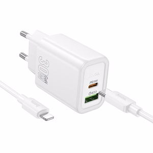 Lādētājs Hoco N63 30W GaN USB-C/USB-A + USB-C uz Lightning kabelis 1.0m, balts