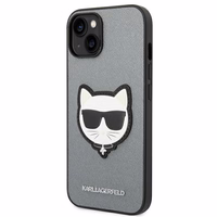Karl Lagerfeld Saffiano Choupette Head Patch viedtālruņa apvalks iPhone 14 Plus - sudraba