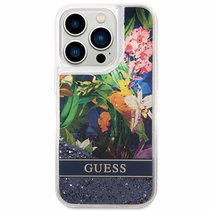 Guess GUHCP14LLFLSB iPhone 14 Pro 6.1 zils / zils kietais viedtālruņa apvalks Flower Liquid Glitter