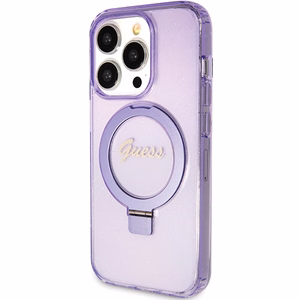 Guess viedtālruņa apvalks ar statīvu Ring Stand Script Glitter magnētiskais iPhone 15 Pro - violets