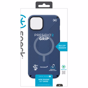 Speck Presidio2 Grip MagSafe vāciņš ierīcei iPhone 14 Plus, ar neslīdošu satvērienu, “Coastal Blue / Black / White” krāsu kombinācija