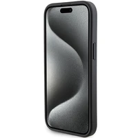 Guess viedtālruņa apvalks ar statīvu Grip Stand 4G Triangle Strass iPhone 15 - melns